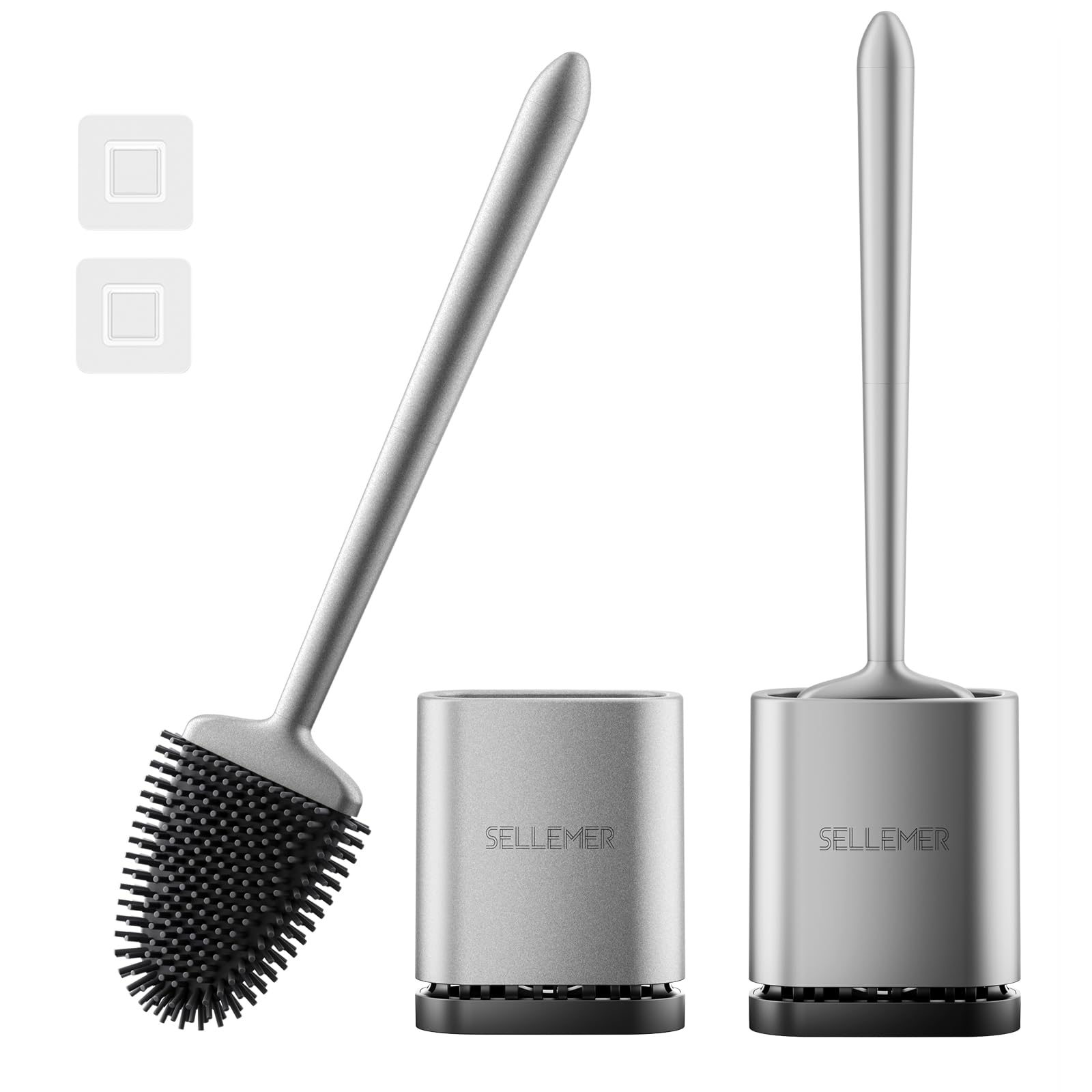 Sellemer 2 Pack Silicone Toilet Brush with Holder: Wall/Floor Mounted WC Brush, with Quick-Drying Holder, Flexible Silicon Scrubber for Toilet (Silver)
