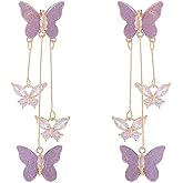 Purple Butterfly Tassel Style Zircon Earrings for Women Rhinestone Butterfly Tassel Earrings Crystal Animal Drop Dangle Earrings Purple Party Jewelry (A)