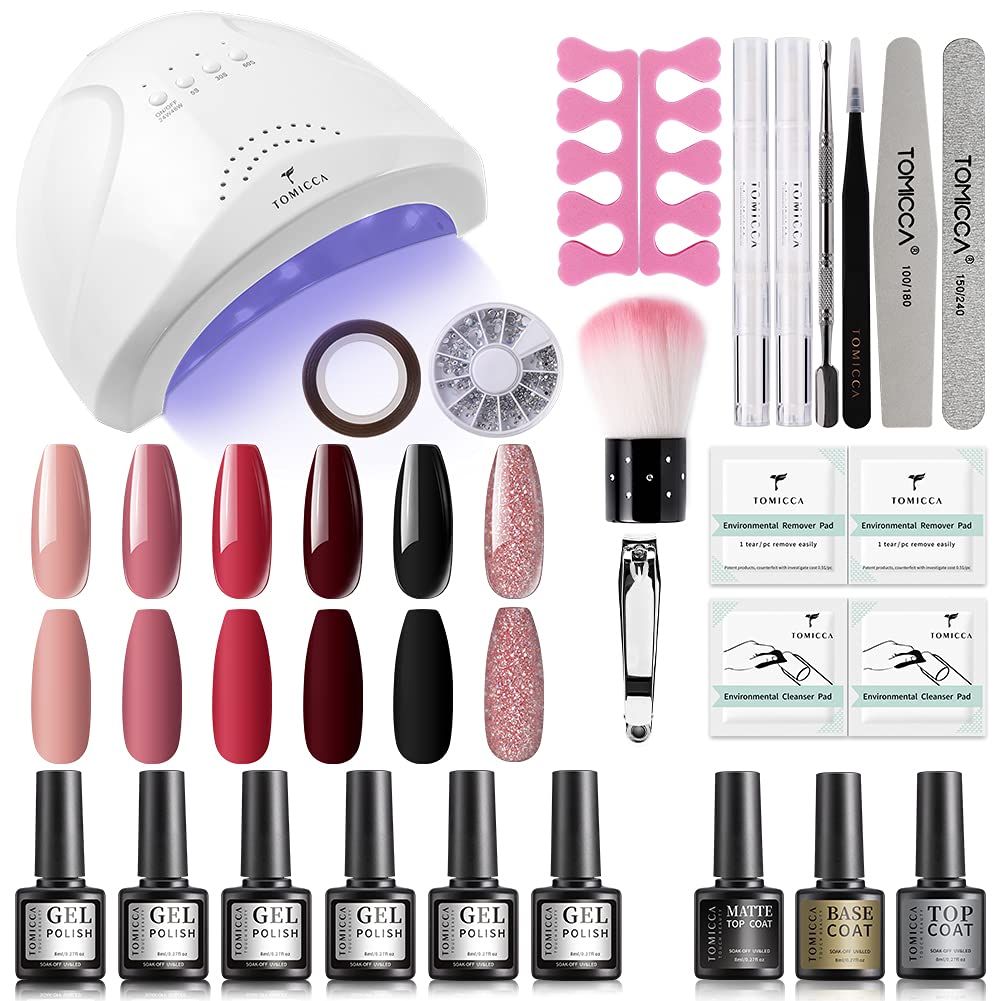 TOMICCA Pink Red Black Gel Nail Polish Kit with 48W UV/LED Light 6 Colors Gel Polish Set with Base Top Coat, DIY Manicure Tools Essentials Nail Art Decorations Rhinestones Set : Beauty