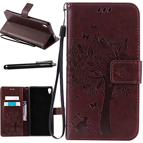 Xperia XA Ultra Case, Linkertech [Kickstand Feature] PU Leather Wallet Flip Pouch Case Cover with Wrist Strap & Card Slots for Sony Xperia XA Ultra (Not for XA,Not for XA1 Ultra) (Brown)