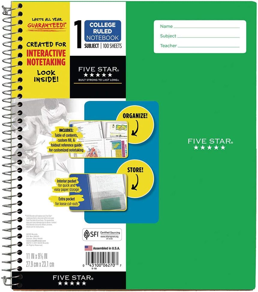 Five Star Interactive Notetaking, 1 Subject, College Ruled Spiral Notebooks, 100 Sheets, 11" x 8-1/2", 3 Pack (38583): Office Products