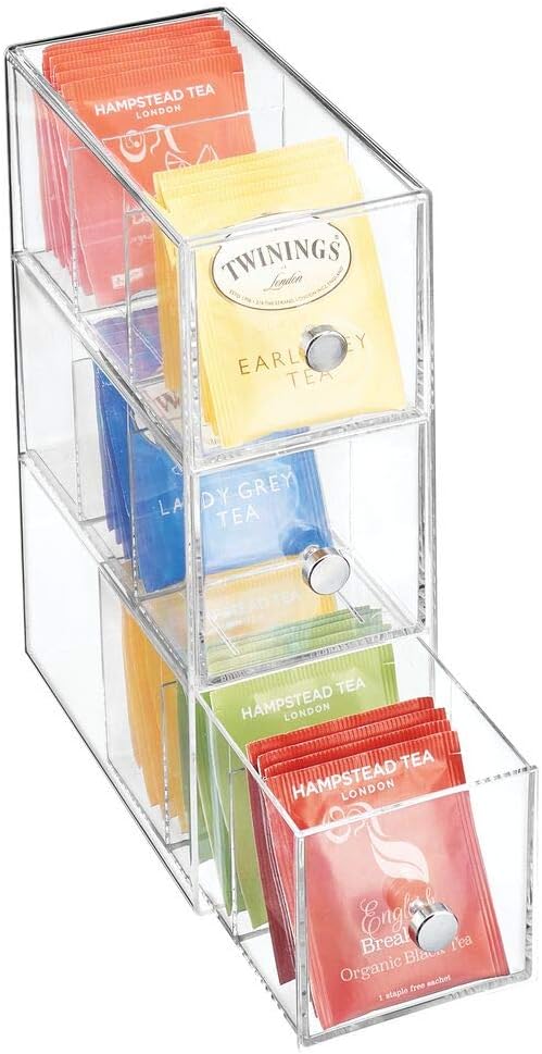 mDesign Kitchen Organiser with 3 Drawers - Storage Box for Tea Bags Coffee Capsules, Sweeteners and More - Plastic Tea Chest - Clear