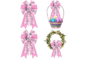 ALIBBON Easter Bows for Wreaths, Spring Easter Wreath Bows, Easter Rabbit Carrot Bows for Crafts, Easter Decor, Pink Buffalo Plaid Burlap Bows for Wreath Indoor Outdoor Wall Window Decorations