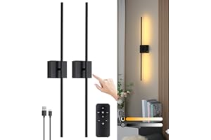 AANYHOH Battery Operated Wall Sconces with Remote Control, Dimmable Touch Wall Lights Wireless, USB Rechargeable LED Wall Lamp Black, 350° Rotate Reading Lamp for Living Room Bedroom Hallway, 31.5 Inch, 2 PCS