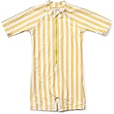 glcsisi Girls One Piece Swimsuit Zipper Long Sleeve Rash Guard Green Striped Sunsuit Seersucker Bathing Suit with Ruffle Butt