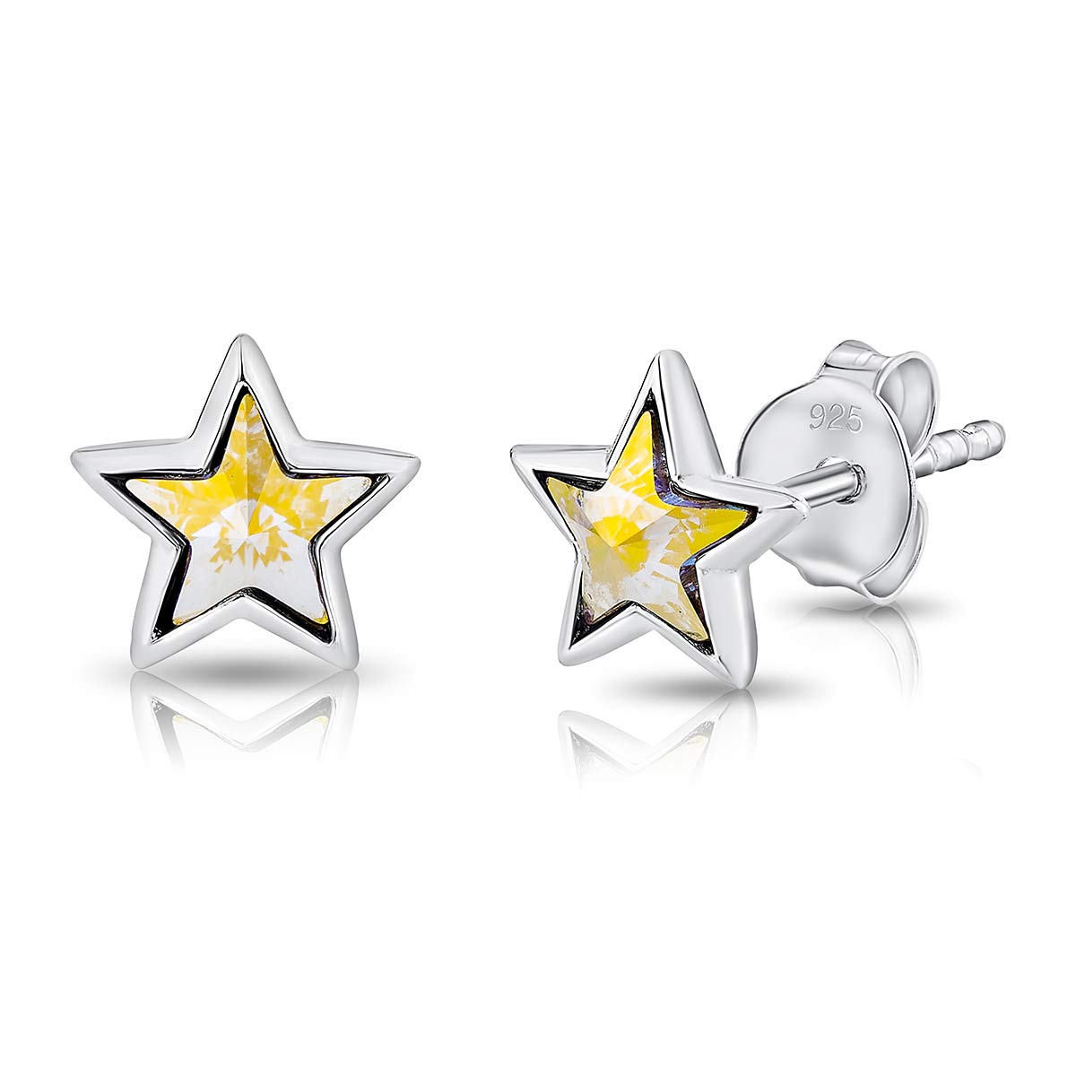 DTPsilver® Small 925 Sterling Silver and Swarovski® Elements Crystal Star Stud Earrings - Diameter: 7 mm - Aurore Borealis