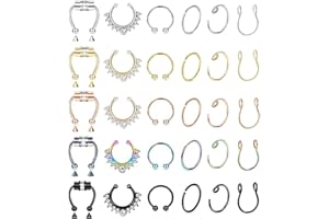 Masedy 30Pcs Stainless Steel Fake Nose Ring Hoop Faux Septum Ring Lip Ring Cartilage Ring Non Piercing Body Jewelry