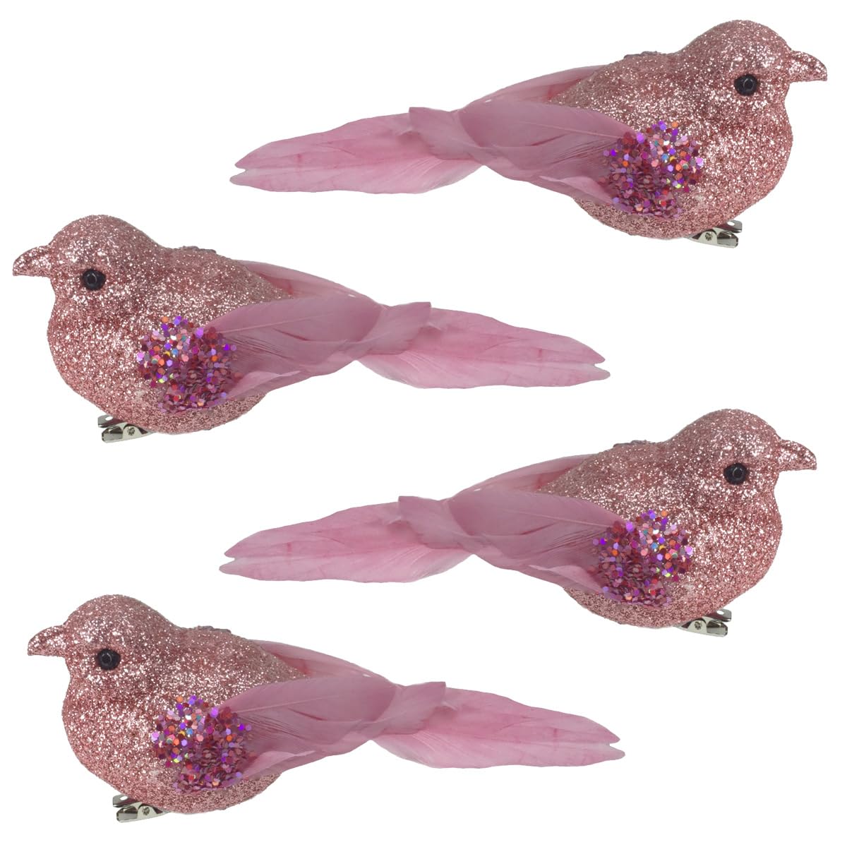 4 Pack Glitter Birds 9cm Clip on Christmas Decoration - Pink 6061