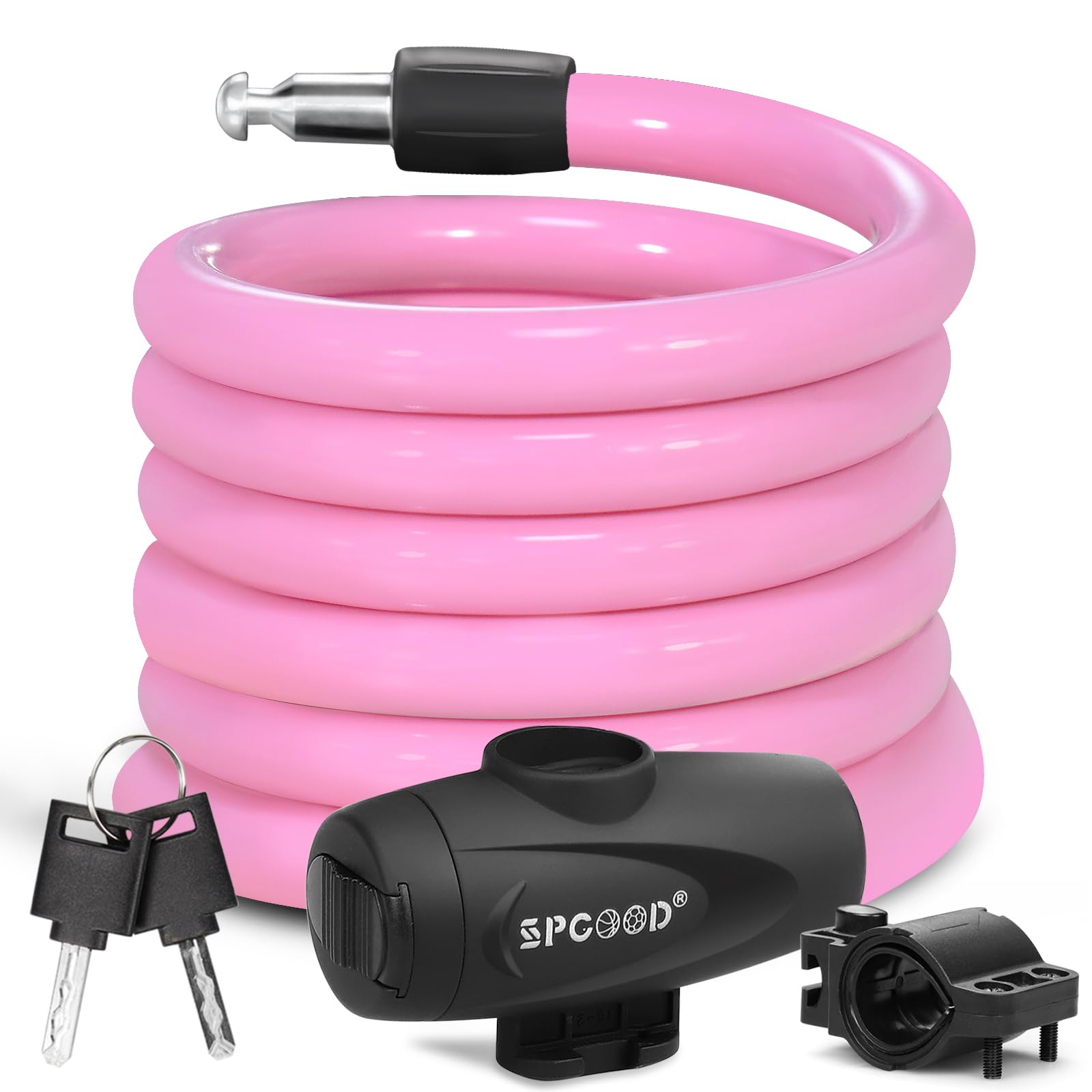 SPGOOD Bike Lock 1200mm/12mm with 2 Keys,Bicycle Lock with Mounting Bracket,Steel Cycling Cable Lock High Security,Lightweight Coiling Cable Lock for Bike,Scooter,Skateboard,Gate,Door (A-Pink)