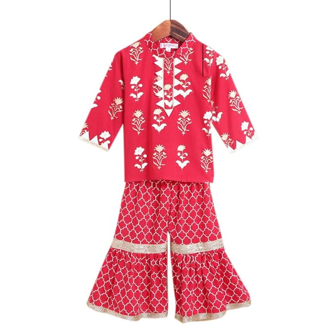 Amber By Hopscotch Girls Cotton Gold Buti Kurti With Sharara In Multi Color