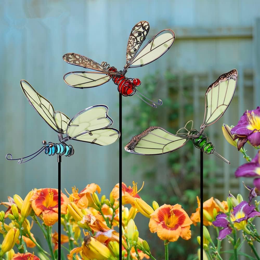 Decorative Garden Stakes - Juegoal 20 Inch Butterfly Garden Stakes Decor, Dragonfly Stakes, Hummingbird Glow in Dark Metal Yard Art for Mom, Mothers Day Ideal Gifts, Indoor Outdoor Lawn Pathway Patio Ornaments, Set of 3