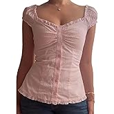 Women Y2k Fairy Coquette Babydoll Shirt Short Sleeve Polka Dot Peplum Baby Tee Blouses Summer Going Out Crop Tops