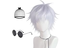 JoneTing Gojo Wig【+Wig Cap+A pair of Glasses】 Jujutsu Kaisen Cosplay Wig Light Purple Wig With Bang Short Silver Synthetic Cosplay Wig for Halloween Cosplay Party Peluca Violeta Claro for Party