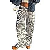 Bosloga Striped Wide Leg Pants for Women - Casual Loose Fit High-Waisted Drawstring Pajama Pants - Straight Trousers