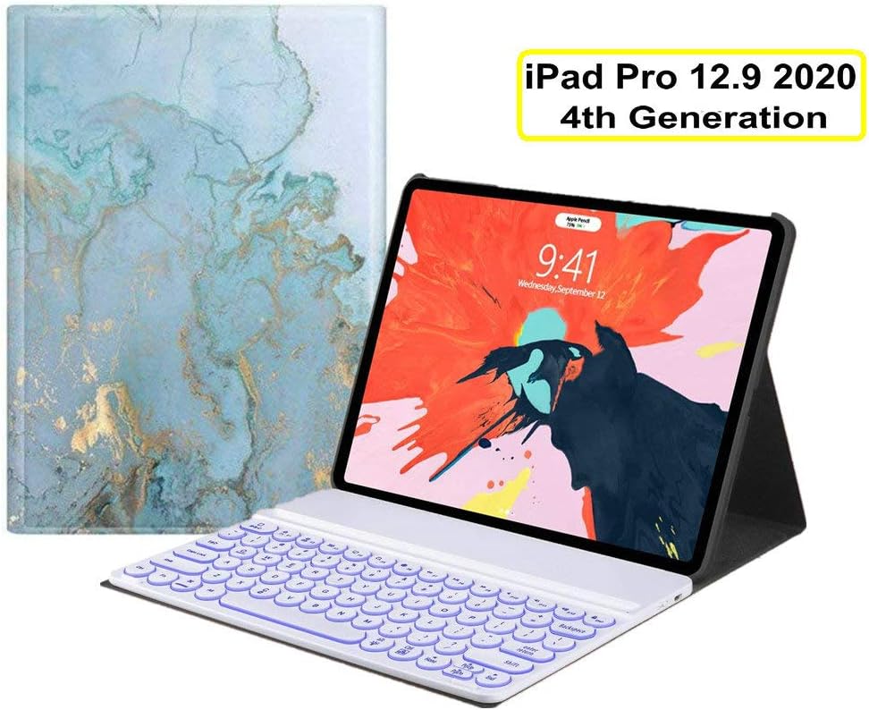 Marble Keyboard Case with Backlits for iPad Pro 12.9 2020 Only,Ultra Thin Detachable Keyboard- -Round Key- Case with Pencil Holder Support Wireless Charging- (Blue+White Backlits Keyboard)