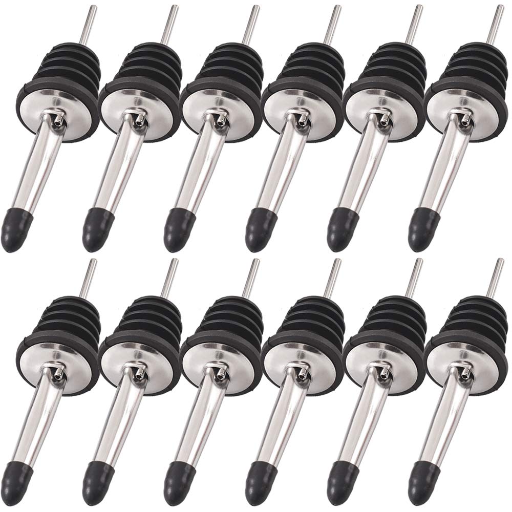 Newk Stainless Steel Pourers, 12 Pack Classic Bottle Pourers Tapered Spout with Rubber Dust Caps, Suitable for Pours Liquor, Vinegar, Syrup or Olive Oils