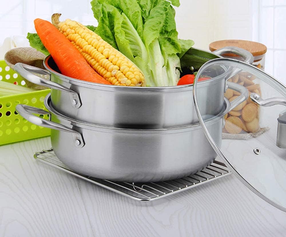 Chefio Stainless Steel 3-Piece 5.8-Quart 2-Tier Pasta/Steamer Set with Tempered Glass Lid and Double Handles - Easy to Clean, Dishwasher Safe (Stainless Steel Color): Kitchen & Dining