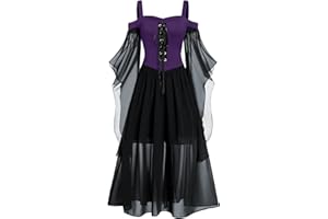 FRMUIC Renaissance Gothic Dress for Women Plus Size Halloween Costume Off Shoulder Lace Sleeve Medieval Steampunk Dress