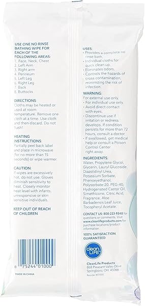 NO-RINSE BATHING WIPES BY CLEANLIFE PRODUCTS  PREMOISTENED AND ALOE VERA ENRICHED FOR MAXIMUM CLEANSING AND DEODORIZING – MICROWAVEABLE, HYPOALLERGENIC, RINSE-FREE