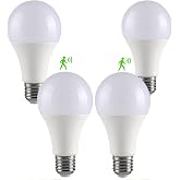 4 Pack Motion Sensor Light Bulbs,12W (100W Equivalent), Motion Activated Dusk to Dawn A19 E26 LED Bulb, Glass-Penetrating Sensor, Upward/Downward Mounting, Indoor &amp; Outdoor for Garage, Porch, Hallway