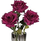ICBOX 3PCS Fuchsia Roses Artificial Flowers 4.72" Real Touch Rose Large Flowers 25.6" Long Stem Silk Rose Artificial Flower for Wedding Bridal Bouquet Home Party Garden Decor(Fuchsia)