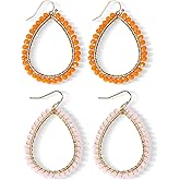 Bohemian Boho Beaded Teardrop Dangle Drop Earrings Hollow Sparkly Crystal Gold Wire Wrapped Crystal Earrings for Women Statement Jewelry