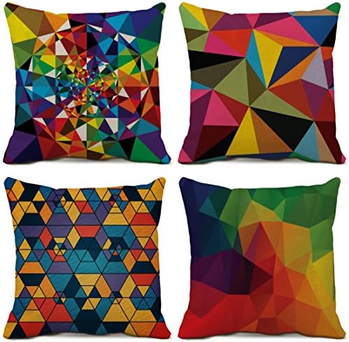 Set of 4 Geometric Decorative Throw Pillow Covers Cotton Linen Colorful Cushion Covers Outdoor Couch Sofa Home Pillow Covers 16x16 Inch