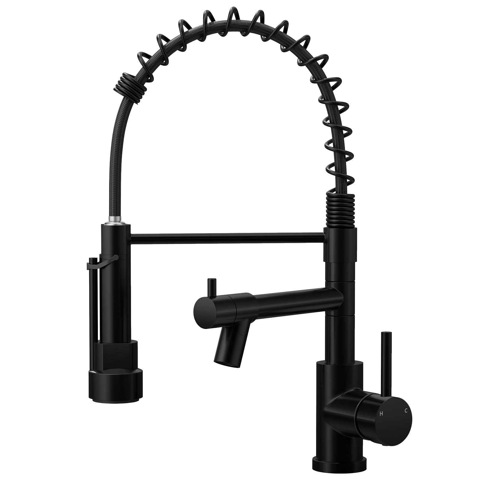 Warmiehomy Professional Kitchen Tap,High Arc Kitchen Taps with Pull Out Sprayer,360° Swivel Double Spouts Spring 1 Hole Sink Taps Mixer for Kitchen,Black