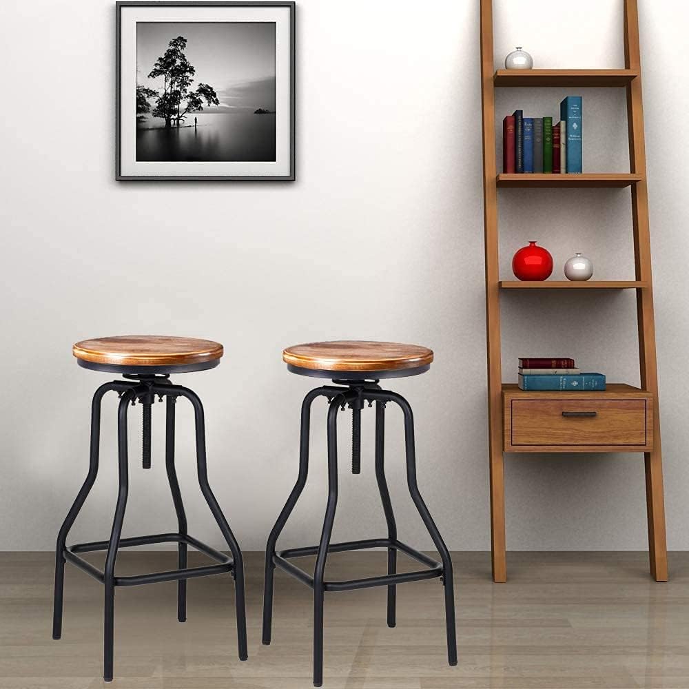 28-34 Inch Vintage Bar Stool - Round Swivel Wood Seat and Metal Stool - Height Adjustable Industrial Look,Extra Tall Pub Height Stool: Kitchen & Dining