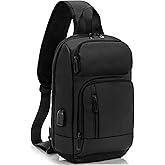 KINGSLONG 14-16 inch Sling Bag for Men,Black Crossbody Bag with USB Charging Port Fits 10.2inch iPad, Casual Daypack