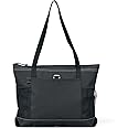 Gemline Black Zippered Tote Bag with 600-D Polyester Fabric, 29.5-Inch Shoulder Straps, Zippered Compartment, Front Pocket with Pen Loop, and Side Mesh Pockets