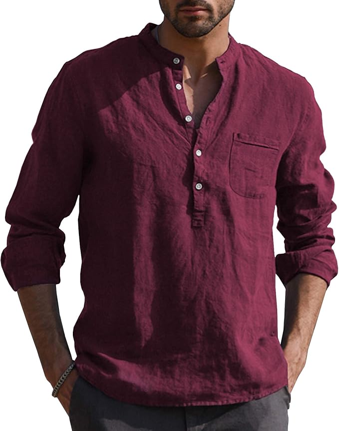 URRU Men's Linen Cotton Blend Henley Shirt Rollup Long Sleeve Basic