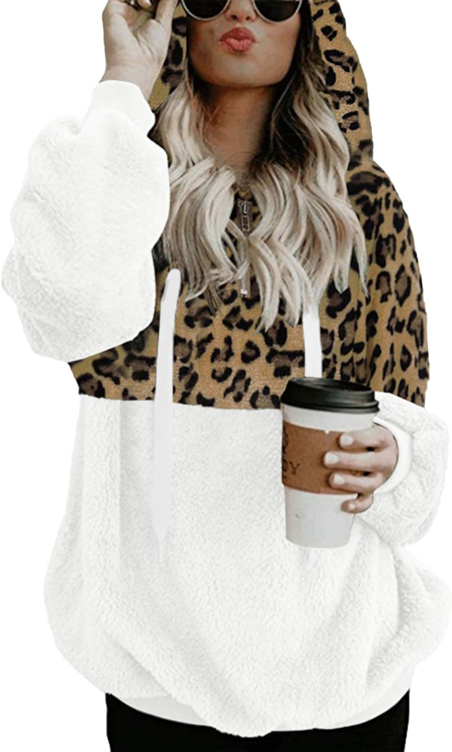 FUPHINE Womens Leopard Sherpa Pullover Hoodie with Pockets Warm Fuzzy Fleece Sweatshirt Fluffy Coat Outwear at  Women’s Clothing store