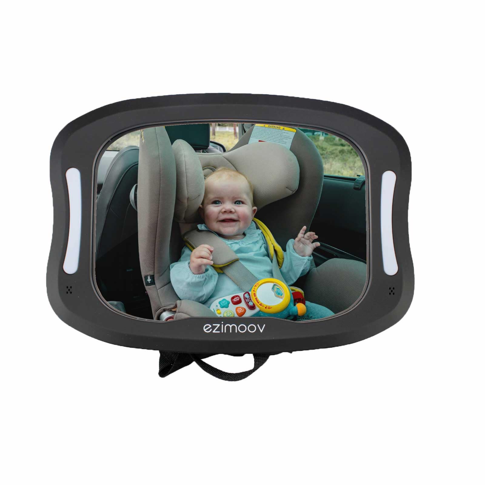 Ezimoov - Rear seat baby car mirror - Remote control LED light - Rear view mirror to see your child safely - recycled packaging - rPET material - wide, clear view even at night