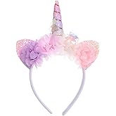 WIWUFUE Unicorn Horn Headband - Glitter Pink Flower & Butterfly Unicorn Ears Hairband – Women's Magical Floral Hair Accessory for Women Halloween Christmas Cosplay & Birthday