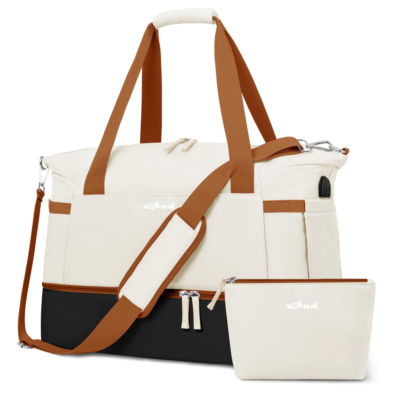 ETRONIK Gym Bag for Women, 45L Carry On Travel Duffel Bag with Shoes Compartment, Weekender Overnight Bag with Wet Pocket & USB Charging Port for Women, Travel, Gym, Large Size (Black White Brown) Image