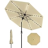 GarveeLife 9 ft Patio Umbrella with Solar Lights, 8 Ribs Outdoor Market Table Umbrella with 32 LED Lights & Tilt Crank for Pool, Deck, Backyard, Beige