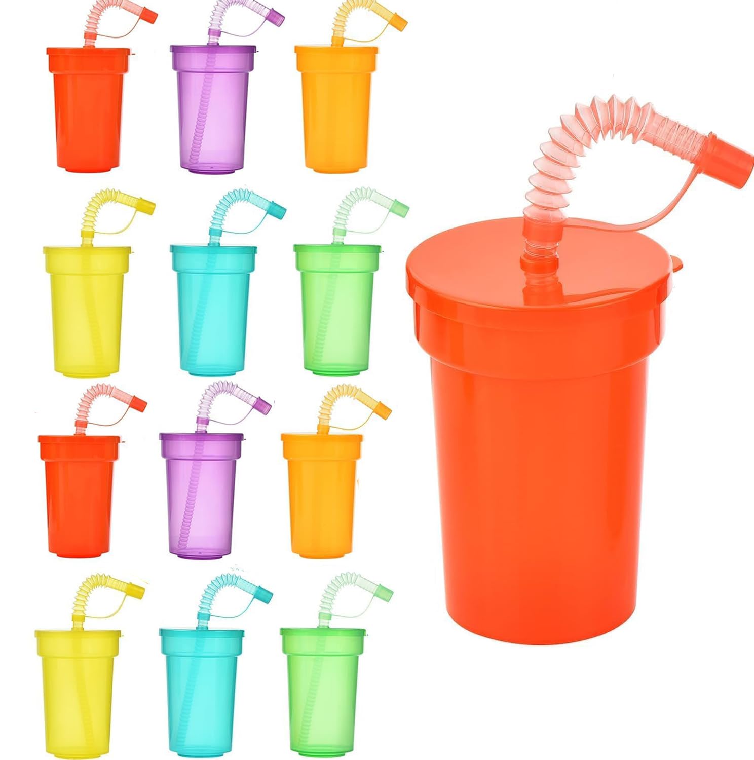 ALINK Kids Neon Sipper Cups Tumblers with Lids and Straws - 12 Pack 380 ml Plastic Iced Water Drinking Cups,BPA Free Reusable Plastic Tumbler for Party Childrens Smoothie Cup Travel Mugs