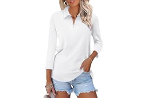 TICTICMISS Womens Tops 3/4 Sleeve Polo Shirts Business Casual V Neck Collared Shirts Basic Tees Blouse