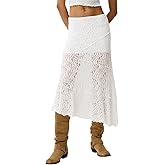 Womens Summer Lace Maxi Skirt Elastic Waist See Through Asymmetric Hem Beach Cover Up Floral Long Skirt
