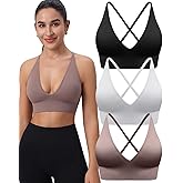 Evercute Women's Sports Bras 3/4 Pack Adjustable Deep V Neck Bras Wireless Spaghetti Strap Criss Cross Padded Low Support Bra