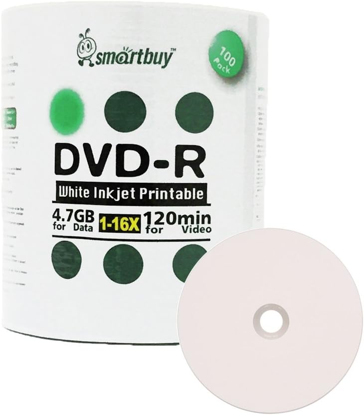 Smartbuy 100-disc 4.7gb/120min 16x DVD-R White Inkjet Hub Printable Blank Data Recordable Media Disc