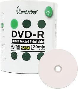 Smartbuy 100-disc 4.7gb/120min 16x DVD-R White Inkjet Hub Printable Blank Data Recordable Media Disc