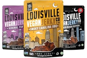 Louisville Vegan Jerky, Variety Pack – 3 Pack Includes Smoky Carolina BBQ, Smoked Black Pepper, General Tso - Non-GMO Soy Protein – Gluten-Free Ingredients, High Protein Vegan and Vegetarian Meat Jerky Snacks (3 oz, 3-Pack)