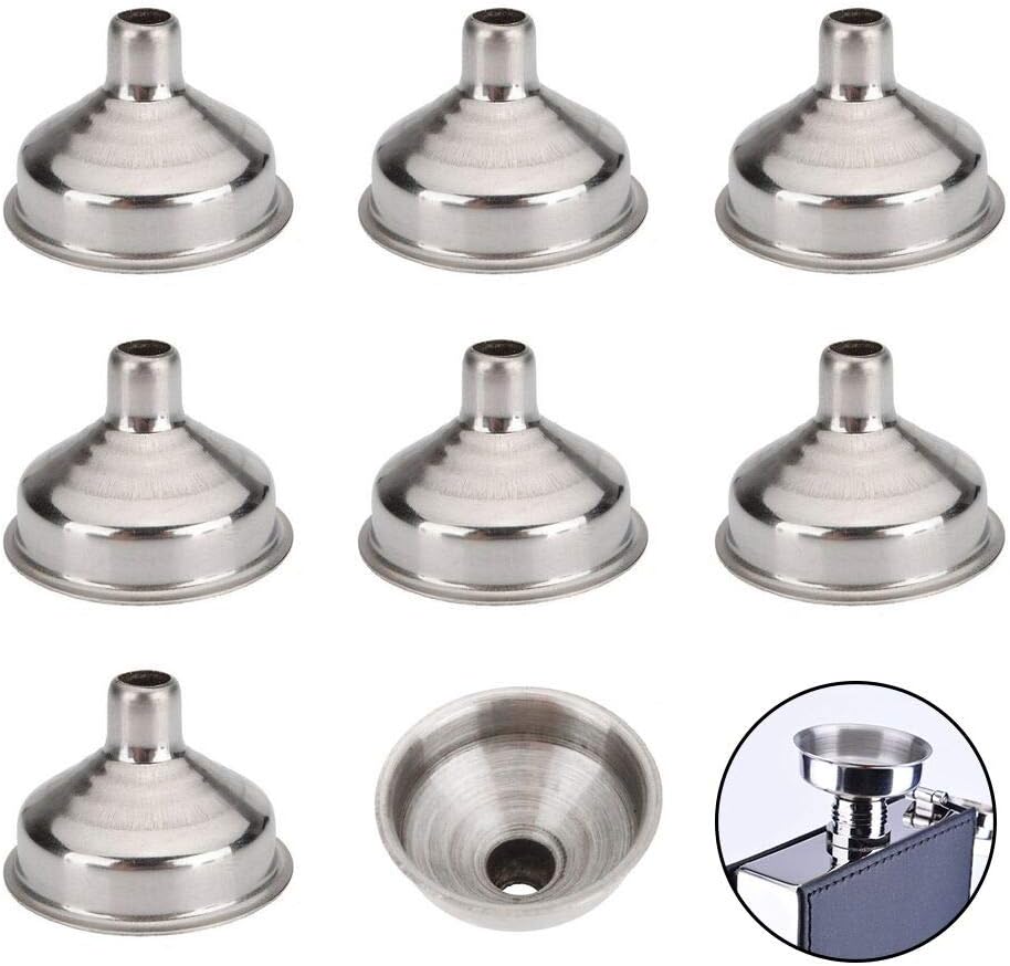 Hip Flask Funnel 8mm 8 Pack for Wine Pot Water Bottles Filler Stainless Steel, Silver
