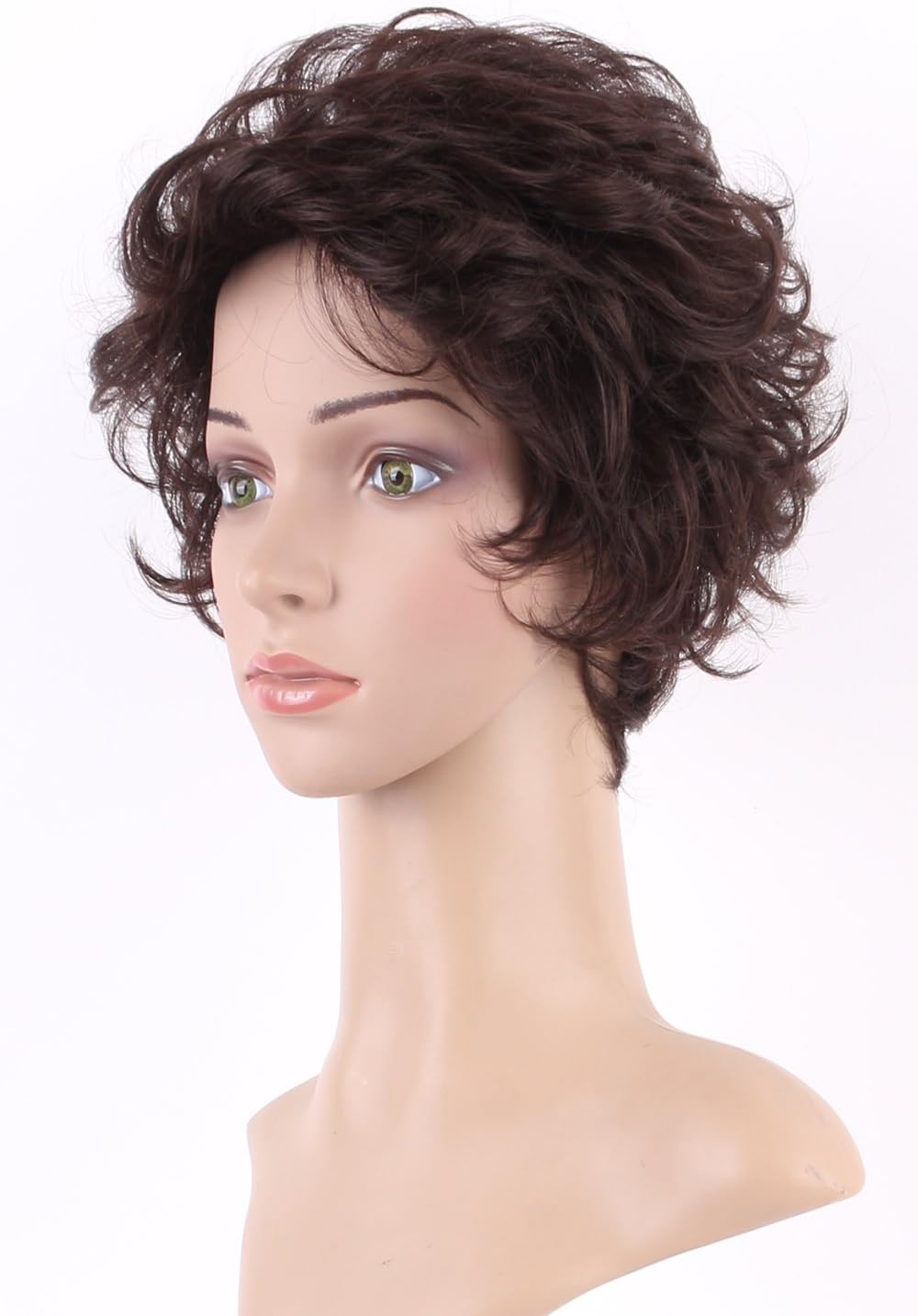 S-noilite Women's Short Wig Summer Style Full Wavy Curly Synthetic Hair Dark Brown Ladies Wigs, Short Dark Brown - Image 3