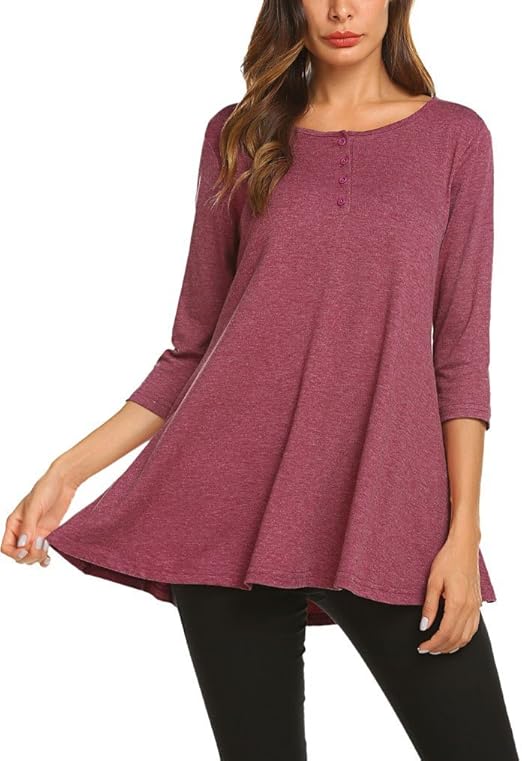 Qearal Womens Loose 3/4 Sleeve Swing Buttons Tunic Tops Henley T Shirts with Pockets (L, Wine 