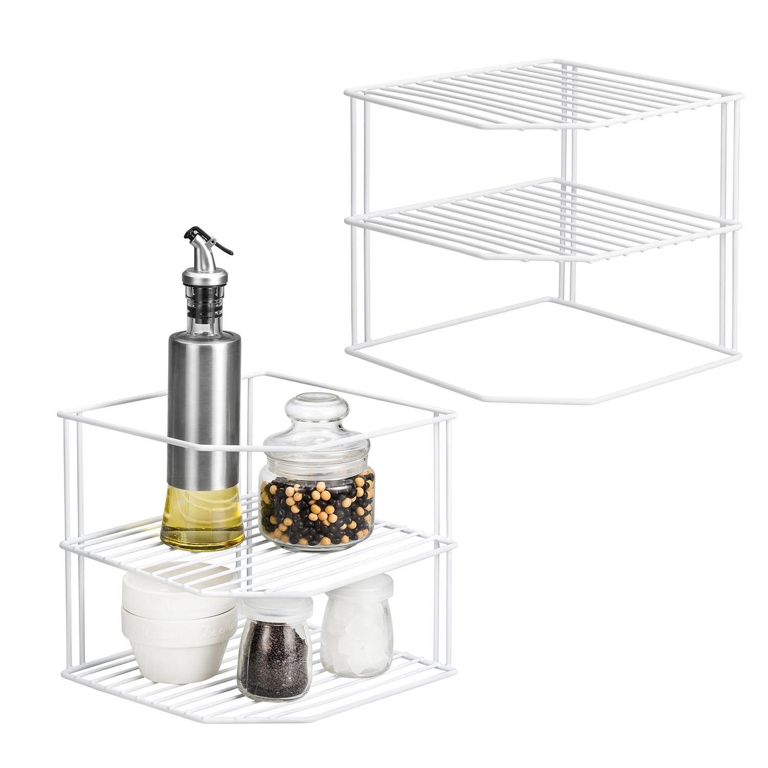 ASTOTSELL Kitchen Cupboard Organiser [2 Pack], 3 Tier White Corner Plate Rack for Kitchen Cabinet Storage - Cupboard Storage Shelf Organiser