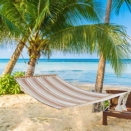 PATIO GUARDER 14 FT Portable Hammock with Double Size, Quick Dry Hammock with Solid Bamboo Spreader Bar and Chains, Outdoor Patio Yard Beach Hammock, UV Resistance, 450 Lb Capacity, Stripe Multicolor