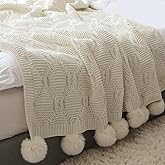 QINU KEONU Chunky Knit Throw Blanket with Pom Poms Tassel Soft Cozy Chenille Knitted Pom Pom Blanket Throw for Couch Bed Sofa Travel 51"x63" Cream White